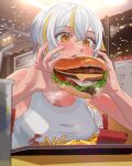  1girl absurdres artist_request blonde_hair blush burger drink drinking_straw eating food french_fries highres holding holding_food ketchup luvdia multicolored_hair open_mouth park_dona second-party_source shirt short_hair solo streaked_hair tray virtual_youtuber white_hair yellow_eyes 