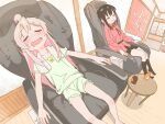  2girls :d absurdres ahoge b_yone_kome bare_arms bare_legs barefoot bathhouse black_hair black_socks blush bolo_tie bottle closed_eyes commentary drooling green_shirt green_shorts highres indoors kneehighs long_sleeves massage_chair mouth_drool multicolored_hair multiple_girls onii-chan_wa_oshimai! open_mouth oyama_mahiro oyama_mihari pink_hair purple_hair red_shirt shirt short_shorts short_sleeves shorts siblings sisters smile socks towel towel_around_neck two-tone_hair wooden_floor 