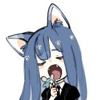  androgynous animal_ears animal_hands black_suit blue_hair cat_ears cat_paws closed_eyes eating english_commentary fangs formal green_hair houseki_no_kuni iciriini lapis_lazuli_(houseki_no_kuni) long_hair mouse_ears necktie open_mouth phosphophyllite short_hair simple_background size_difference suit white_background 