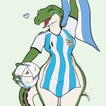  1:1 2022 anthro argentina ball bottomless breasts clothed clothing eyes_closed female flag hi_res lizard open_mouth pampean_lizard_(vagoncho) reptile scalie shirt smile soccer_ball solo tagme topwear uniform vagoncho 