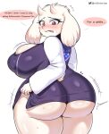  anthro big_breasts big_butt blush boss_monster bovid breasts butt caprine clothing ellipsis english_text exclamation_point female floppy_ears fur goat hi_res horn huge_breasts huge_butt looking_back mammal nipple_outline open_mouth red_eyes robe solo speech_bubble startop text thick_thighs toriel undertale undertale_(series) white_body white_fur wide_hips 