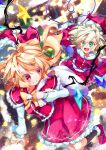  2girls absurdres bag bangs bat_wings bell black_pantyhose black_socks blonde_hair bloom blurry blurry_background blush boots bow breasts buttons calpis118 capelet center_frills christmas crystal dutch_angle flandre_scarlet frilled_skirt frills fur-trimmed_boots fur-trimmed_capelet fur-trimmed_headwear fur-trimmed_jacket fur-trimmed_skirt fur-trimmed_sleeves fur_trim gift_bag green_eyes green_hair grin hair_between_eyes hair_bow hat hat_removed headwear_removed heart heart-shaped_pupils heart_of_string highres holding holding_bag jacket komeiji_koishi long_sleeves looking_at_another looking_back medium_hair multiple_girls neck_bell open_mouth pantyhose red_bow red_eyes red_footwear red_skirt santa_capelet santa_costume santa_hat side_ponytail skirt sleeves_past_fingers sleeves_past_wrists slit_pupils small_breasts smile snowflake_print socks sparkle star_(symbol) symbol-shaped_pupils teeth third_eye touhou upper_teeth_only wavy_hair white_sleeves wide_sleeves wings yellow_bow 