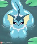 &gt;:3 2023 absurd_res anthro big_breasts big_butt blue_body blue_skin bodily_fluids breasts butt curvy_figure day detailed_background digital_drawing_(artwork) digital_media_(artwork) ear_fins eeveelution female fin frill_(anatomy) generation_1_pokemon glistening glistening_body hi_res high-angle_view lily_pad lobokosmico looking_at_viewer mammal marine nature nature_background neck_frill nintendo nude outside partially_submerged plant pokemon pokemon_(species) pokemorph pond purple_sclera raining short_stack smile solo tail thick_thighs vaporeon voluptuous water wet white_eyes wide_hips 