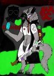 absurd_res anthro armor bio(protogen) biped breastplate claws clothing coat crotchplate dna flamethrower fur gas gas_mask green_eyes grey_body grey_fur hi_res hunamarts machine male mammal mask neck_tuft protogen ranged_weapon ribbons simple_background solo tail topwear tuft visor weapon 
