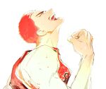  1boy basketball_jersey basketball_uniform buzz_cut clenched_hand closed_eyes hechu_237 highres open_mouth raised_chin raised_fist red_hair red_shirt sakuragi_hanamichi shirt short_hair simple_background slam_dunk_(series) sleeveless sleeveless_shirt smile solo sportswear sweat very_short_hair white_background 