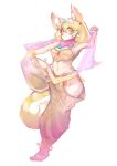  100maru 1girl animal_ears blonde_hair blush bra bracelet cat_ears cat_girl cat_tail extra_ears harem_outfit harem_pants jewelry kemono_friends kemono_friends_3 looking_at_viewer midriff multicolored_hair navel official_alternate_costume pants pink_scarf sand_cat_(kemono_friends) scarf short_hair silk tail underwear white_hair yellow_bra yellow_eyes yellow_pants 