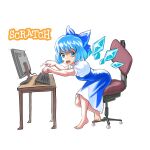  1girl barefoot blue_bow blue_dress blue_eyes blue_hair bow breasts chair cirno commentary detached_wings dress english_commentary from_side full_body hair_bow highres ice ice_wings keyboard_(computer) leaning_forward looking_at_viewer looking_to_the_side medium_hair monitor office_chair on_chair pinafore_dress profitshame puffy_short_sleeves puffy_sleeves scratch_(programming_language) shirt short_sleeves simple_background small_breasts solo table touhou white_background white_shirt wings 