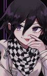  1boy chain checkered_clothes checkered_scarf closed_mouth colored_eyelashes danganronpa_(series) danganronpa_v3:_killing_harmony hair_between_eyes hand_on_own_face highres light_smile looking_at_viewer male_focus mm_ii_rk naughty_face ouma_kokichi purple_eyes purple_hair scarf short_hair simple_background solo straitjacket tongue tongue_out upper_body wavy_hair 
