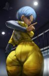  1girl absurdres angry ass black_shirt blue_eyes blue_hair breasts bulma dragon_ball dragon_ball_super dragon_ball_super_super_hero elite_nappa english_commentary from_behind highres index_finger_raised jumpsuit long_sleeves shirt short_hair solo yellow_jumpsuit 