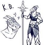  anthro armor blep blush blush_lines facial_spikes glowing glowing_eyes glowsharks gynomorph hi_res horn intersex k.b. k.b.(kb2001uwu) kobold lizard melee_weapon polearm reptile scalie solo solo_focus spear spikes spikes_(anatomy) tongue tongue_out weapon 