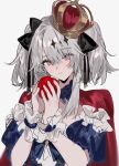  1girl aogisa apple azur_lane black_ribbon blue_dress cape crown dress food fruit grey_hair highres holding holding_food holding_fruit joffre_(azur_lane) joffre_(ensorcelled_snow_white)_(azur_lane) long_hair looking_at_viewer mini_crown official_alternate_costume red_cape red_eyes ribbon short_sleeves simple_background solo white_background 