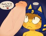  &lt;3 5:4 animal_crossing ankha_(animal_crossing) anthro big_penis blue_hair blush bodily_fluids dialogue digital_media_(artwork) domestic_cat duo egyptian english_text erection felid feline felis female genitals hair huge_penis human imminent_sex interspecies intimidation looking_at_genitalia looking_at_penis male male/female mammal nintendo nude penis simple_background speech_bubble sweat text yellow_body zlut385 