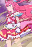  1girl apron brooch choker clenched_hand commentary cone_hair_bun cure_precious delicious_party_precure earrings gloves hair_bun heart_brooch highres jewelry kome-kome_(precure) long_hair magical_girl nagomi_yui pink_choker pink_hair precure purple_eyes solo two_side_up uraki very_long_hair white_gloves 