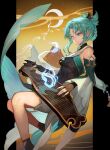  1girl aged_down aqua_hair breasts chinese_commentary closed_mouth commentary_request covered_navel crescent_moon detached_sleeves dress genshin_impact hair_ornament highres instrument lack madame_ping_(genshin_impact) medium_breasts moon mountain music playing_instrument sidelocks solo 