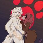  1:1 2022 ambiguous_gender anthro anthro_on_anthro bear brown_body brown_fur canid canine canis carly_bear cupcakecarly digital_media_(artwork) domestic_dog duo female fur hair hi_res jamie_(trololohstuffs) kissing looking_at_viewer male_(lore) mammal nude red_hair side_view simple_background smile trans_(lore) 