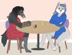  anthro avian blue_clothing blue_dress canid canine clothing date dress duo female female/female mammal messy_eater pouting red_clothing red_dress 