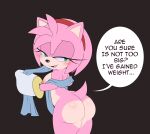  2023 absurd_res accessory amy_rose anthro apinkgrape blush butt clothing dialogue english_text eulipotyphlan female gloves green_eyes hair hair_accessory hairband handwear hedgehog hi_res looking_back mammal mostly_nude open_mouth open_smile pink_body pink_hair sega simple_background smile solo sonic_the_hedgehog_(series) text towel 