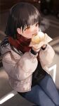  1girl baozi black_hair black_sweater blurry blurry_background blush coat denim eating food ground_vehicle highres holding holding_food jeans long_hair mole mole_under_eye night nima_(niru54) open_mouth orange_eyes original outdoors pants plaid red_scarf scar scarf sitting solo steam sweater white_coat winter 