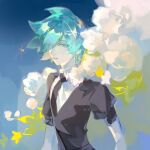  1other androgynous aqua_eyes aqua_hair black_shirt collared_shirt colored_eyelashes colored_skin crystal_hair eyes_visible_through_hair floating_hair gem_uniform_(houseki_no_kuni) glint hair_over_one_eye highres houseki_no_kuni liulianjingrua looking_at_viewer necktie other_focus parted_lips phosphophyllite puffy_short_sleeves puffy_sleeves shirt short_hair short_sleeves solo sparkle translucent_hair white_shirt white_skin 