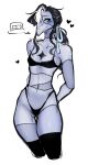 &lt;3 ambrosia_(mosstheif) anthro avian black_hair black_sclera blue_eyes bra clothing female flat_chested grey_body hair hi_res highlights_(coloring) legwear lingerie mosstheif panties patchwork_creature ribbons seam_(sewing) skinny solo stiches stockings thick_thighs underwear wide_hips 