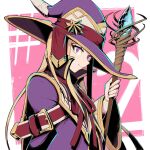  1girl belt_buckle blonde_hair buckle closed_mouth from_side hat hat_ornament highres holding holding_staff kuroi_susumu long_hair long_sleeves looking_at_viewer looking_to_the_side mage_staff ningen_fushin_no_boukensha-tachi_ga_sekai_wo_sukuu_you_desu purple_eyes purple_headwear purple_robe robe smile solo staff star_(symbol) star_hat_ornament tiana_(ningen_fushin) upper_body wide_sleeves wizard wizard_hat 