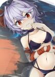  1girl akisome_hatsuka arm_ribbon bangs bikini black_bikini blush breasts cleavage closed_mouth commentary_request embarrassed hair_intakes large_breasts looking_at_viewer lying navel on_back purple_hair red_eyes red_ribbon remilia_scarlet ribbon short_hair solo swimsuit touhou 