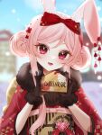  1girl amagi_ru animal_ear_fluff animal_ears blurry blurry_background brown_gloves double_bun ema fur-trimmed_gloves fur_trim gloves hair_bun hands_up highres holding_ema japanese_clothes kimono looking_at_viewer new_year obi open_mouth original rabbit_ears red_eyes red_kimono sash short_hair_with_long_locks solo upper_body 