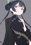  1girl bare_shoulders black_dress black_hair black_jacket blue_archive butterfly_hair_ornament china_dress chinese_clothes double_bun dragon_print dress expressionless green_eyes grey_background hair_bun hair_ornament halo highres jacket jacket_partially_removed kisaki_(blue_archive) long_hair long_sleeves looking_at_viewer looking_down mandarin_collar pelvic_curtain signalviolet simple_background sketch sleeveless sleeveless_dress solo twintails upper_body 