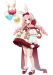  1girl absurdres amagi_ru animal_ears balloon bangs bow closed_mouth doll_joints dress drill_hair full_body hair_bow highres holding holding_balloon joints long_hair looking_at_viewer original pink_hair rabbit_ears red_bow red_eyes red_footwear simple_background socks solo standing white_background white_socks 