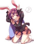  1girl animal_ears bangs black_shirt bunny_pose cloak full_body isu_(is88) kneeling long_sleeves looking_at_viewer open_mouth rabbit_ears rabbit_tail red_eyes red_hair red_skirt sekibanki shirt short_hair simple_background skirt solo speech_bubble tail touhou white_background 