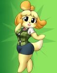  2020 animal_crossing anthro biped black_eyes black_nose blonde_hair breasts canid canine canis clothed clothing digital_drawing_(artwork) digital_media_(artwork) domestic_dog female full-length_portrait fur gradient_background green_background hair hi_res isabelle_(animal_crossing) looking_at_viewer lyn_kai mammal nintendo open_mouth portrait shih_tzu simple_background solo sweater sweater_vest tail tight_clothing topwear toy_dog vest yellow_body yellow_fur 