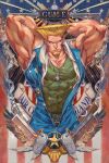  1boy absurdres arms_behind_head arms_up bara blonde_hair dog_tags facial_hair fefeather goatee green_tank_top guile highres muscular muscular_male street_fighter street_fighter_6 tank_top 