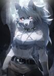  2022 absurd_res angry anthro armwear bak_(artist) black_nose bottomwear canid canid_demon canine canis cheek_tuft clenched_teeth clothing collar collar_only demon ear_piercing eyebrows eyelashes eyeshadow facial_tuft female fur grey_body grey_fur hair half-length_portrait hellhound helluva_boss hi_res long_hair looking_at_viewer loona_(helluva_boss) makeup mammal multicolored_body multicolored_fur narrowed_eyes navel notched_ear nude pants piercing portrait pupils red_sclera signature simple_background slit_pupils solo spiked_collar spikes standing teeth topwear torn_clothing tuft two_tone_body two_tone_fur white_body white_eyes white_fur white_hair wolf 