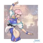  1girl breasts dougi highres hime_cut hip_vent manon_(street_fighter) martial_arts_belt pink_hair shardanic skin_tight spandex street_fighter street_fighter_6 wristband 