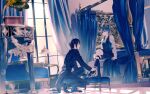  2boys absurdres bed black_hair blue_eyes butler ciel_phantomhive eyepatch gloves highres indoors kuroshitsuji male_focus multiple_boys otoko_no_ko profile sebastian_michaelis sitting tanling889 