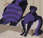  anthro belly big_belly black_body blue_eyes claws duo featureless_crotch glistening glistening_eyes hi_res hyper hyper_belly inside male mouth_closed narrowed_eyes nude paw_imprint purple_body reptile roobin scalie signature sitting snake solo_focus striped_arms striped_legs vore white_claws 
