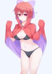  1girl ? absurdres bangs bikini black_bikini bow breasts cleavage cloak donnon08 grey_background hair_bow highres large_breasts looking_at_viewer navel open_mouth purple_bow red_eyes red_hair sekibanki short_hair simple_background solo standing swimsuit touhou 