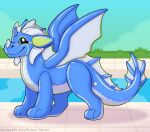  animate_inanimate blue_body blue_eyes dragon fin horn inflatable living_inflatable membrane_(anatomy) membranous_wings pool_toy solo symrea wings 