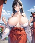  1girl ai-generated black_hair blue_sky blush breasts breasts_apart center_opening cloud commentary flagstone grey_eyes hakama highres huge_breasts japanese_clothes long_hair looking_at_viewer low_neckline miko neru_marosama no_bra nontraditional_miko original red_hakama shinto sky solo temple torii tree 