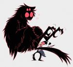  alternate_form anthro avian bird blitzo_(helluva_boss) carrying_another carrying_partner duo funny_face grey_background helluva_boss helluva_venti hi_res horn imp male owl owl_demon red_eyes simple_background sitting smile standing stolas_(helluva_boss) struggling yellow_eyes 