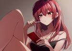 1girl absurdres bangs black_camisole blush breasts brushing_teeth camisole cellphone collarbone crossed_legs grey_background hair_between_eyes hair_down heterochromia highres hololive houshou_marine large_breasts long_hair looking_at_phone phone red_eyes red_hair sitting smartphone solo strap_slip thighs toothbrush toothbrush_in_mouth virtual_youtuber yellow_eyes yoshioka_pochi 