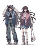  2girls :d alternate_costume bag bandaid bandaid_on_knee bandaid_on_leg bangs black_hair black_pants blue_hair blush collared_shirt criis-chan danganronpa_(series) danganronpa_2:_goodbye_despair full_body green_skirt grey_background hair_horns hand_up hands_up headphones holding holding_bag jacket long_hair mioda_ibuki multicolored_clothes multicolored_hair multicolored_jacket multiple_girls navel open_mouth pants pink_hair pink_jacket pleated_skirt shirt shirt_tucked_in shoes simple_background skirt smile standing torn_clothes torn_pants tsumiki_mikan white_hair white_jacket 