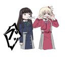  2girls bangs black_hair blonde_hair blue_dress blue_ribbon collared_shirt dress green_ribbon grey_dress hair_ribbon inoue_takina karen_le_cao long_hair lycoris_recoil lycoris_uniform multiple_girls neck_ribbon nishikigi_chisato pleated_dress red_dress red_eyes red_ribbon ribbon shirt short_hair spit_take spitting teasing tongue tongue_out two-tone_dress 