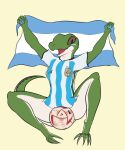  2022 5:6 anthro argentina ball bottomless clothed clothing female flag hi_res lizard pampean_lizard_(vagoncho) reptile scalie smile soccer_ball soccer_uniform solo sportswear tagme uniform vagoncho 