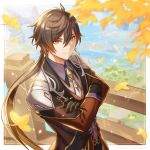  1boy anbe_yoshirou black_gloves brown_hair crossed_arms earrings formal genshin_impact gloves highres jewelry long_hair male_focus necktie outdoors ponytail single_earring solo suit tassel tassel_earrings yellow_eyes yellow_leaves zhongli_(genshin_impact) 