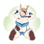  1:1 anthro bra breasts brown_hair buckteeth cleavage clothed clothing female fur garter_straps hair hi_res lagomorph leporid lingerie looking_at_viewer mammal overweight overweight_anthro overweight_female panties rabbit shirt_collar shirt_cuffs smile solo teeth thetiedtigress underwear white_body white_fur 