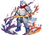  1boy abs animal_ears bara bulge chest_belt crave_saga dog_boy dog_ears eye_black fire forked_eyebrows full_body furry furry_male hakuma_(crave_saga) hands_on_hips headband holding holding_polearm holding_weapon large_pectorals male_focus mato_(matomonstera) muscular muscular_male navel nipples official_art pectorals pelvic_curtain polearm red_scarf revealing_clothes scar scar_on_arm scar_on_leg scarf shoes short_hair smile solo spear stomach thick_eyebrows thighs topless_male translation_request weapon 