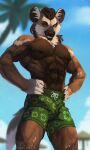  african_wild_dog anthro biped canid canine claws clothed clothing dipstick_tail fur hands_on_hips lynncore male mammal markings muscular muscular_anthro muscular_male palm_tree plant smile smirk solo swimming_trunks swimwear tail tail_markings topless topless_anthro topless_male tree 