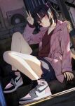  1girl air_jordan air_jordan_1 arm_up bangs bare_legs bare_legs_girl_(kamizaki_hibana) black_hair black_skirt collar drawstring dutch_angle eyes_visible_through_hair fingernails fur-trimmed_hood fur_trim hair_ornament hood hood_down jacket kamizaki_hibana knees_up long_sleeves looking_at_viewer nike no_socks open_clothes open_jacket original outdoors pink_eyes pink_jacket pleated_skirt scenery shadow shoes short_twintails sitting sitting_on_stairs skirt sleeves_past_wrists sneakers solo stairs tan_sweater twintails v 