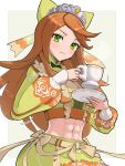  1girl abs bow bowtie brown_hair crop_top cup etie_(fire_emblem) fire_emblem fire_emblem_engage gonzarez green_bow green_bowtie green_eyes highres holding holding_plate long_hair long_sleeves navel plate puffy_long_sleeves puffy_sleeves simple_background solo stomach sweatdrop teacup 